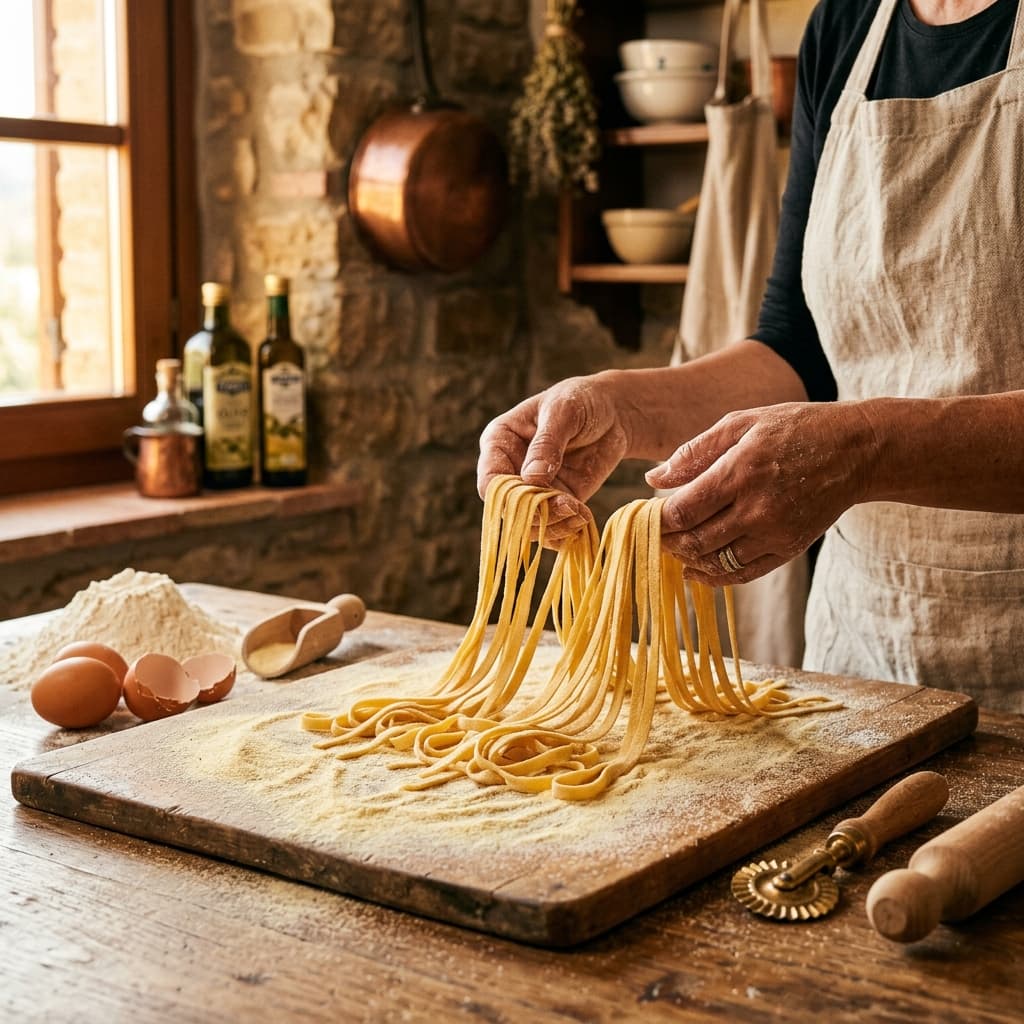 Fresh handmade pasta being prepared with golden fettuccine on a wooden board