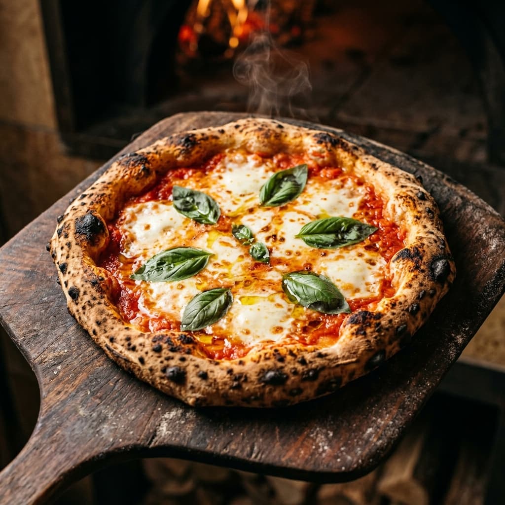 Neapolitan Margherita pizza with bubbling mozzarella fresh from the wood-fired oven