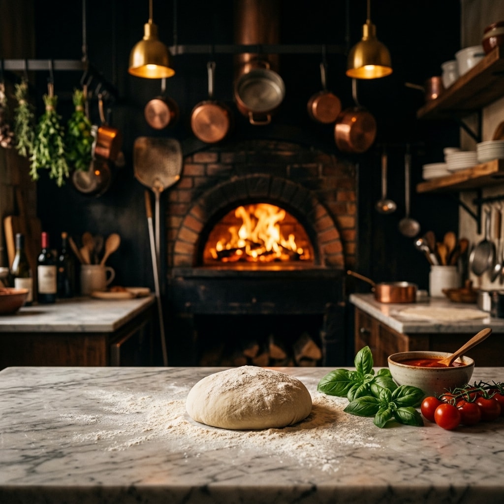 Italian kitchen with wood-fired oven and artisanal dough preparation